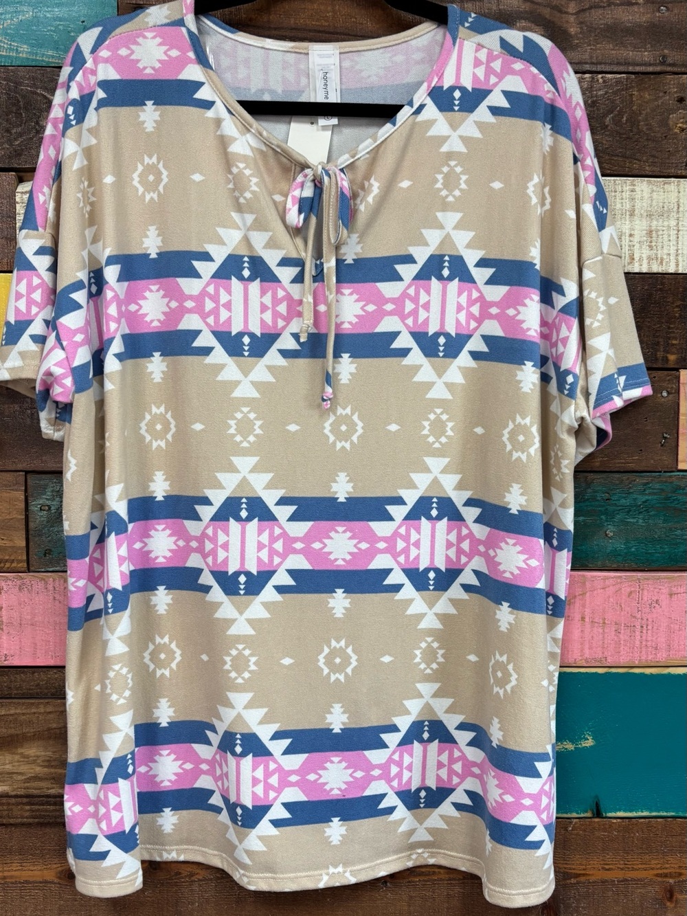 Honeyme Beige Aztec Tie-Front Top with Pink & Blue Stripes